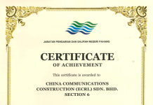 中交马东铁六分部荣获彭亨州水利灌溉局颁发“优秀桥梁工程质量奖”